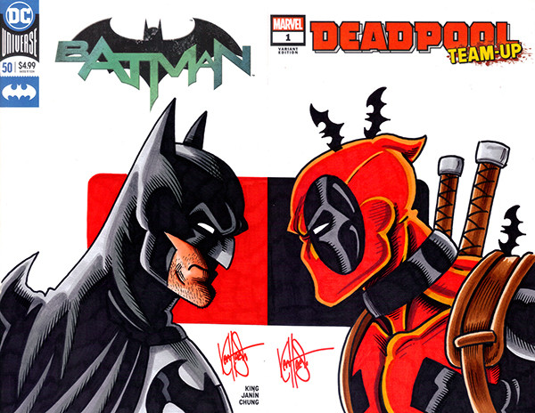 MARVEL/DC COMICS COMMISSIONED COVER ART BLANK VARIANT TWO PART CONNECTING SKETCH SET SIGNED AND REMARKED BY KEN HAESER WITH A DEADPOOL VS BATMAN SKETCH