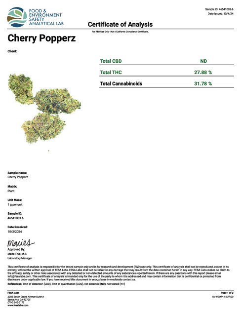 COA of Cherry Popperz Strain page 1 COA of Cherry Popperz Strain page 1