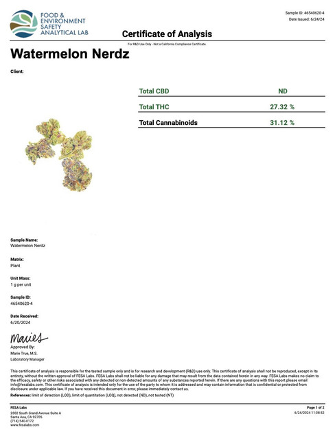 COA of Watermelon Nerdz Strain page 1 COA of Watermelon Nerdz Strain page 1