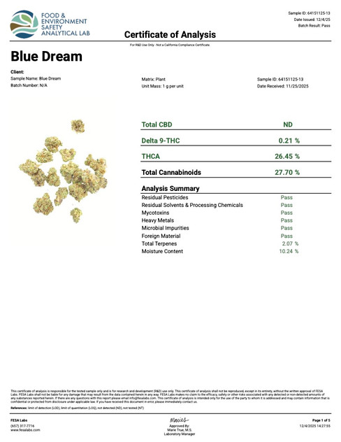 COA of Blue Dream Strain page 1