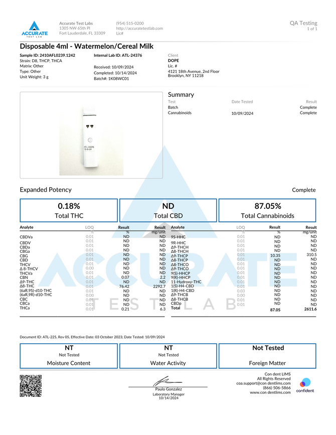 COA of  The Big Switch THCA Disposable Vape (Watermelon and Cereal Milk)
