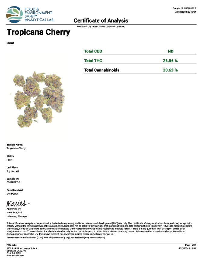 COA of Tropicana Cherry Weed
