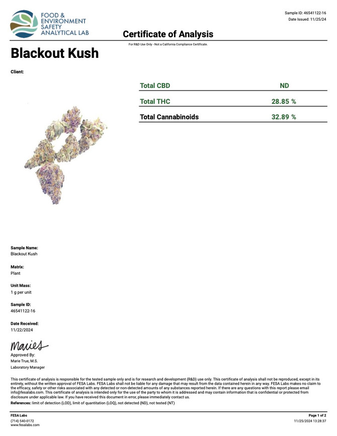 COA of Blackout Kush Strain and Black Out Strain