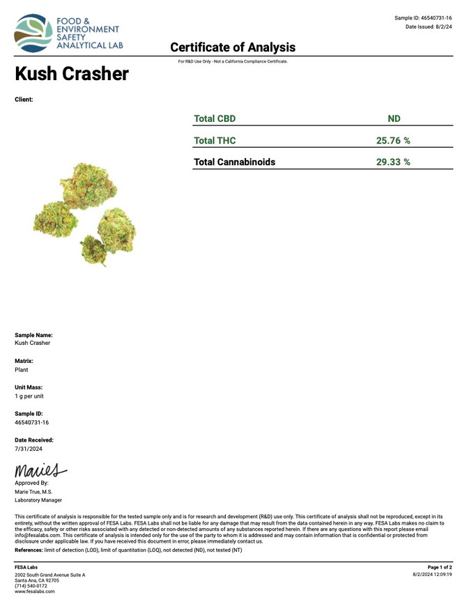 Kush Crasher Strain COA Page 1