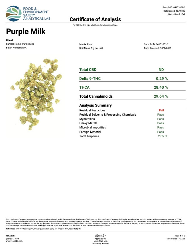 COA of Purple Milk Strain page 1
