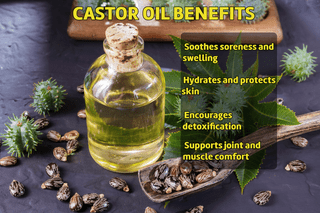 Castor Oil Benefits - soothes soreness, hydrates skin, encourages detoxification, supports joint and muscle comfort
