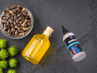 DMSO bottle with castor beans and cold-pressed castor oil