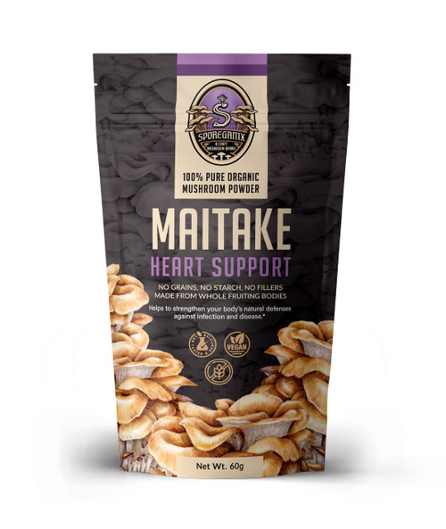 Sporeganix Maitake is 100% pure organic mushroom powder, formulated to supports your heart, with a total of 60 grams per bag.