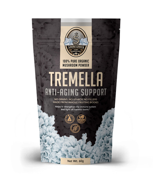 Sporeganix Tremella is 100% pure organic mushroom powder, formulated to support Anti-aging, with a total of 60 grams per bag.