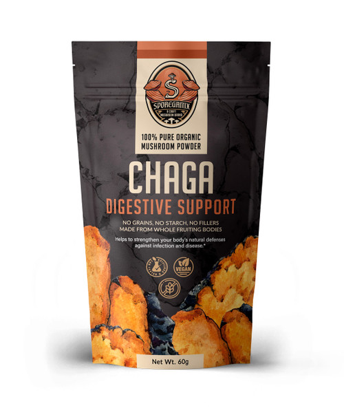 Sporeganix Chaga is 100% pure organic mushroom powder, formulated to support your digestive system, with a total of 60 grams per bag.