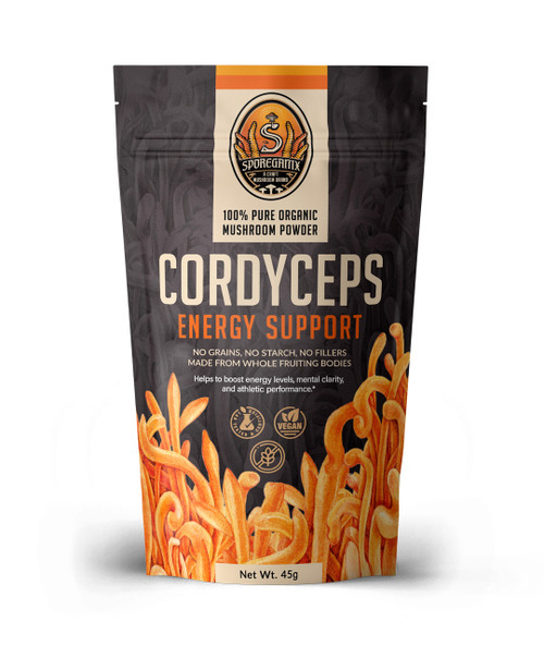 Sporeganix Cordyceps is 100% pure organic mushroom powder, formulated to support natural energy, with a total of 60 grams per bag.