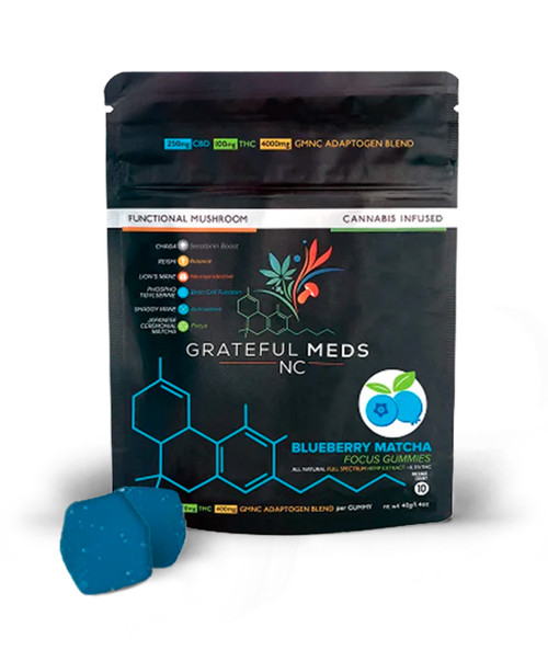 Grateful Meds 25mg THC + 10mg CBD + Cognitive Boosters Blueberry Matcha Mushroom Gummies 