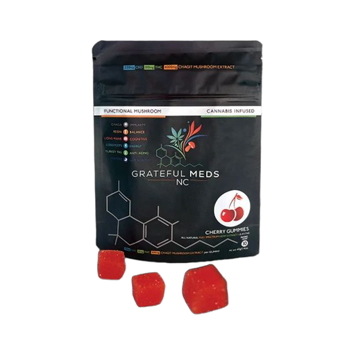 Grateful Meds | Functional Mushroom Canna Gummy | Cherry | CBD + THC + Chagit Mushroom Extract | 10 Count