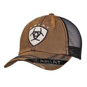 ARIAT MNS B FIT CAP CENTER LOGO DISTRESSED BROWN OILSKIN / BLACK