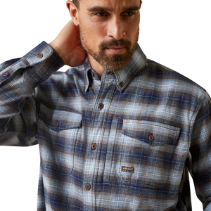 ARIAT MNS REBAR FLANNEL DURASTRETCH LS WORK SHIRT BLUE KHAKI PLAID