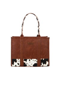 COW PRINT TOTE BAG IN DARK TAN