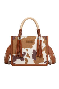 COW PRINT TASSEL CROSSBODY BAG IN TAN