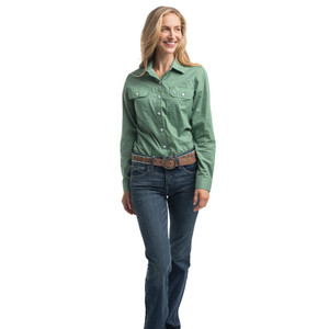 JC WOMENS ABBEY FULL BUTTON PRINT WORKSHIRT IN EUCALYPTUS & WHITE MINI SPOTS