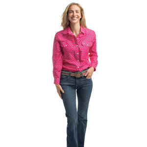 JC WOMENS ABBEY FULL BUTTON PRINT WORKSHIRT IN RASPBERRY & WHIET POLKA DOTS
