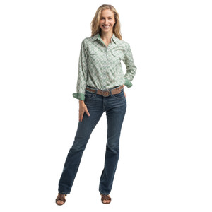 JC WOMENS ABBEY FULL BUTTON PRINT WORKSHIRT IN WHITE & EUCALYPTUS TILE PRINT