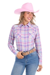 PURE WESTERN WOMENS KARI LS SHIRT IN PINK/BLUE