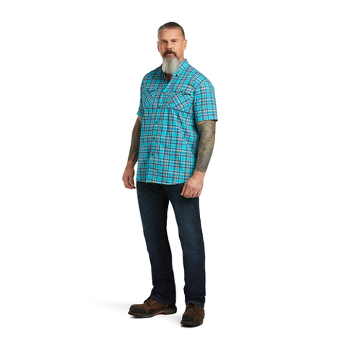 ARIAT MNS REBAR MADE TOUGH DURASTRETCH SS WORK SHIRT PEACOCK PLAID