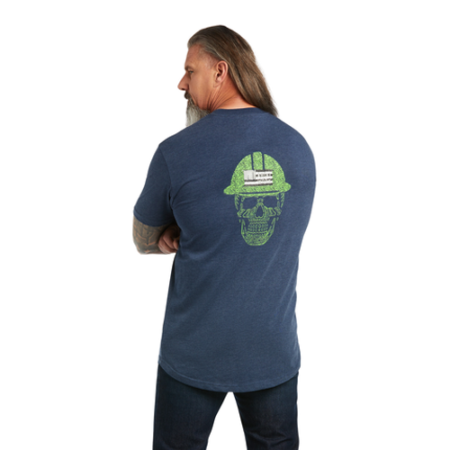 ARIAT MENS REBAR COTTON STRONG ROUGHNECK GRAPHIC T-SHIRT NAVY HEATHER/LIME