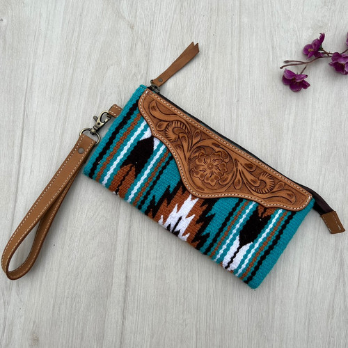 Turq Saddle Blanket Clutch with Tooled Leather