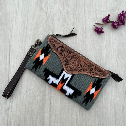 Grey Saddle Blanket Clutch with Tooled Leather