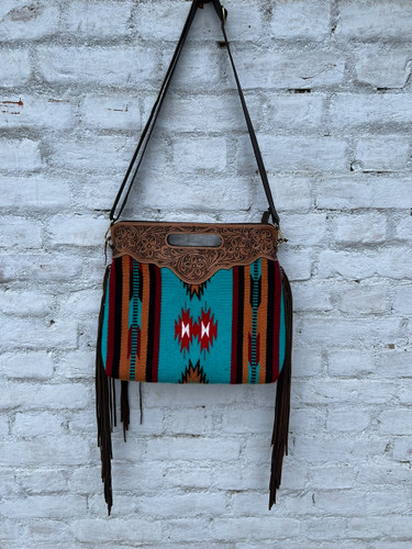 Teal Tooled Saddle Blanket Bag with Tooled Leather