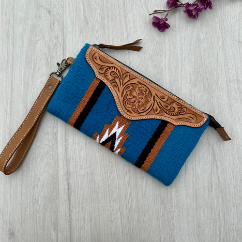 Blue Saddle Blanket Clutch with Tooled Leather