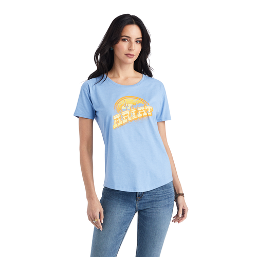 ARIAT WMS SUNSET ARC SS TEE OCEAN BLUE HEATHER