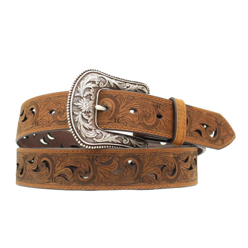 ARIAT WMS PRINTED PAISLEY CUTOUT SCROLL BELT 1-1/2" BROWN A1514802