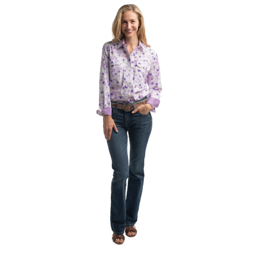 Just Country Ladies Abbey Full Button Purple/White Wildflowers/Orchid