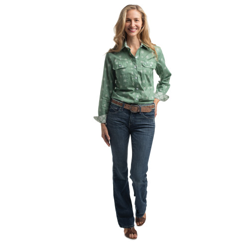 JC WOMENS ABBEY FULL BUTTON PRINT WORKSHIRT IN EUCALUPTUS & WHITE PRINT