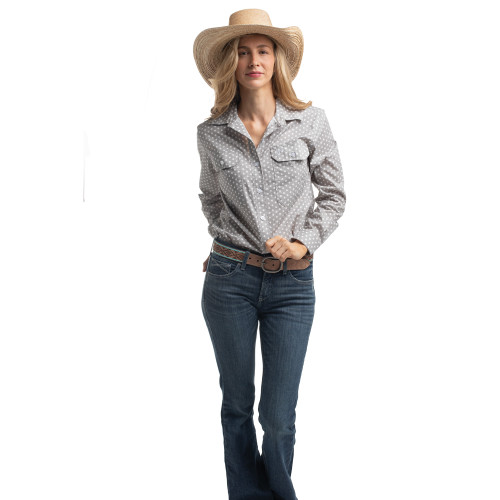 JC WOMENS ABBEY FULL BUTTON PRINT WORKSHIRT IN SMOKE GREY & WHITE POLKA DOTS