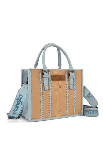 BOSTON STITCH CROSSBODY BAG IN CAMEL/BLUE