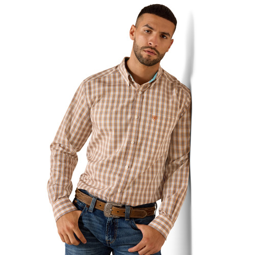 Ariat Mens Wrinkle Free Ayden Fitted L/S Shirt Golden Oak Plaid