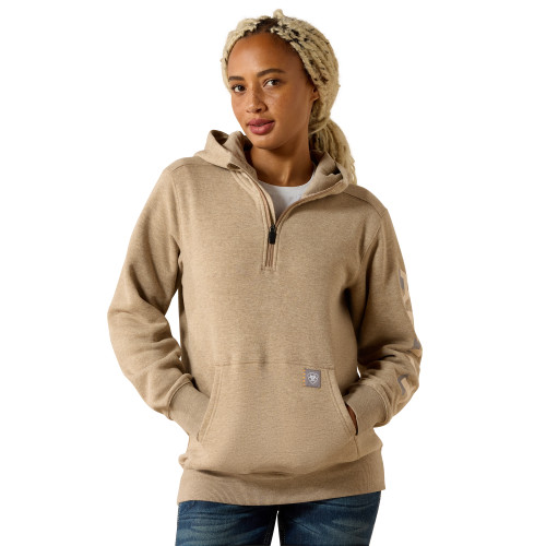 ARIAT WMS REBAR LIGHTWEIGHT LOGO 1/2 ZIP HOODIE- OATMEAL HEATHER/WHISPER PINK
