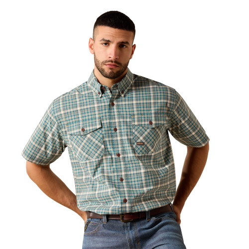 ARIAT MENS REBAR MADE TOUGH DURASTRETCH SS WORK SHIRT TEAL