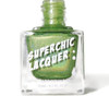 Live Wire Nail Polish, lime green glitter nail polish in a clear glass bottle with a square shape and a green cap.