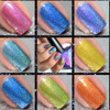 Live Wire Nail Polish, collection of vibrant glitter nail polish shades in pink, blue, purple, teal, yellow, green, and orange with a hand showcasing multicolored, marble-effect nails.