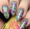 Law Of Nature Nail Polish, colorful and intricate nail art design with wavy lines in multiple shades on fingernails.
