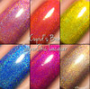 Pheromone Nail Polish, collection of six vibrant holographic nail polish swatches featuring pink, red, yellow, blue, purple, and gold glittery finishes.