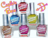 Pheromone Nail Polish, collection of colorful nail polish bottles with a variety of shades including blue, pink, yellow, gold, and red, each labeled with unique names like Dopamine, Swoon, and Flutter.
