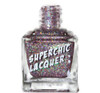 Love Stinks Nail Polish, glittery purple nail polish in a glass bottle with holographic sparkle and bold white text.