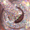 Love Is A Battlefield Nail Polish, close-up of sparkling, holographic glitter nail polish with multicolored glitter particles.