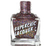 Love Is A Battlefield Nail Polish, a glittery multicolored nail polish bottle with a shiny cap and a label that reads 'Superchic Lacquer'.