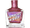 Exposed Nail Polish, Iridescent pink glitter nail polish in a clear glass bottle with a square shape and a wide opening.