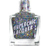 Sugar Buzz Nail Polish, clear glitter nail polish in a square glass bottle with holographic glitter and a silver cap.